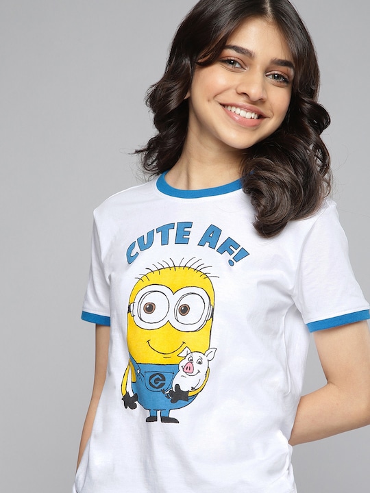 Minions by Kook N Keech Teens - Girls White  Blue Typography Printed Pure Cotton T-shirt