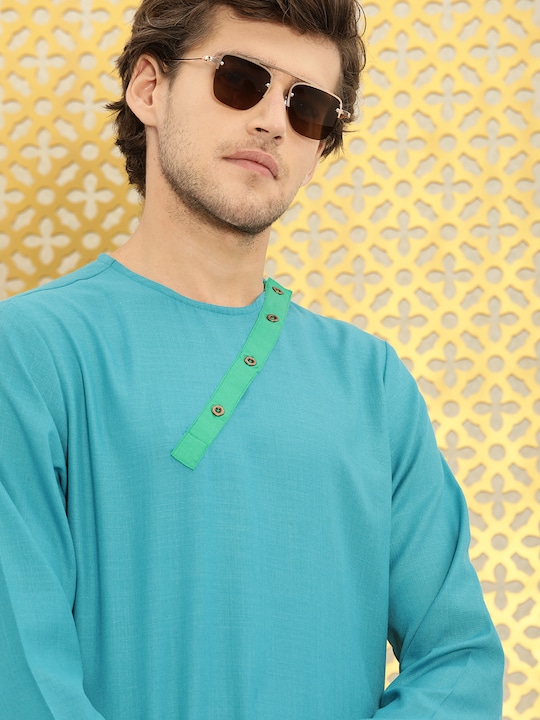 Ode by House of Pataudi - Men Blue Rozana Pure Cotton Kurta