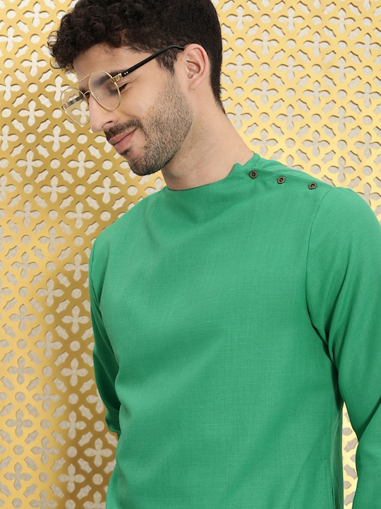 Ode by House of Pataudi - Men Teal Green Solid Roazana Kurta