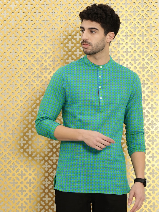 Ode by House of Pataudi - Men Blue & Green Checked Pure Cotton Rozana Straight Kurta