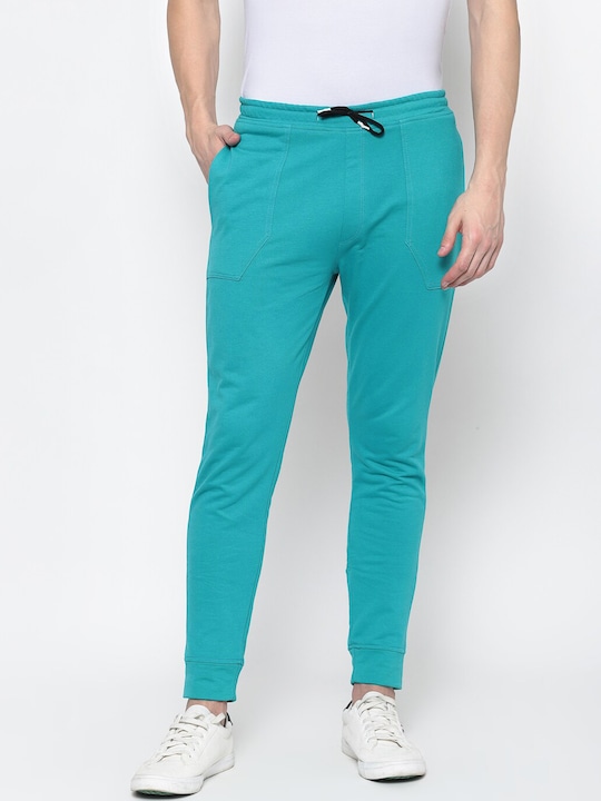 PAUSE SPORT - Men Turquoise Blue Solid Antimicrobial Cotton Slim-Fit Joggers