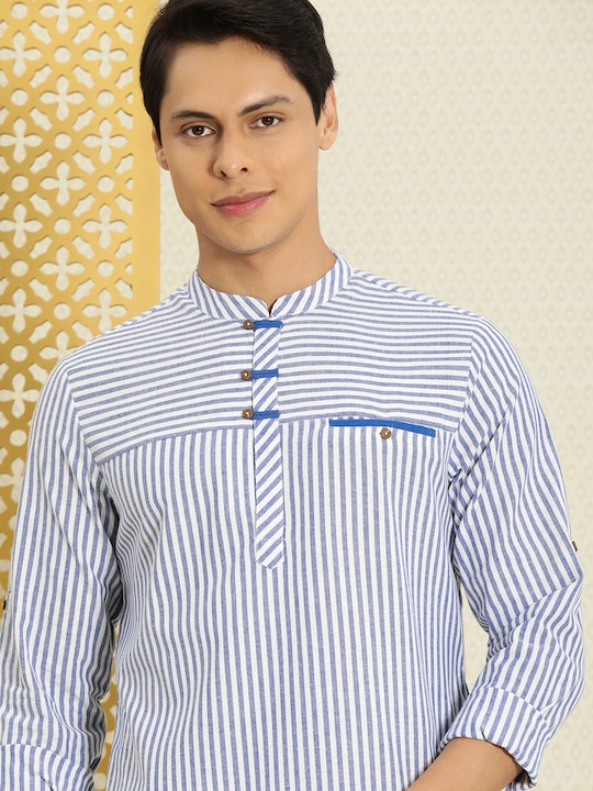 House of Pataudi - Men Blue & White Striped Kurta