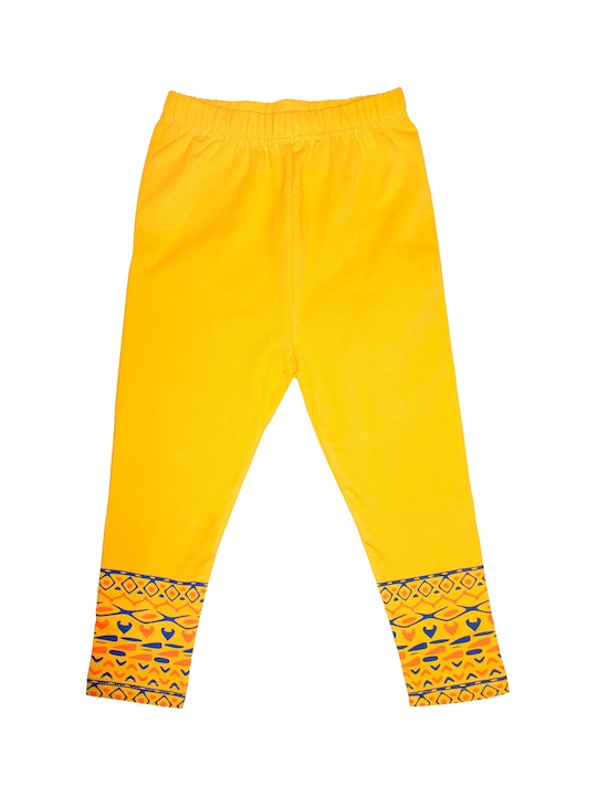 KiddoPanti - Girls Yellow & Blue Bottom Hem Printed Capri Leggings