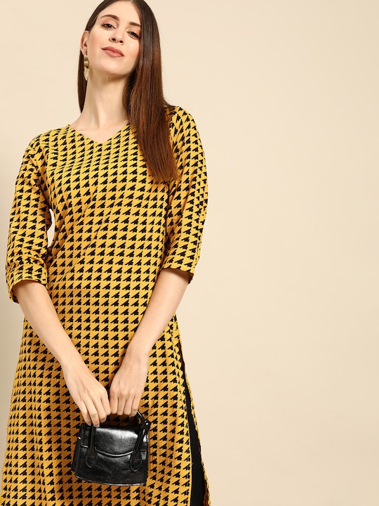 Anouk - Women Mustard Yellow & Black Geometric Print Pure Cotton Kurta