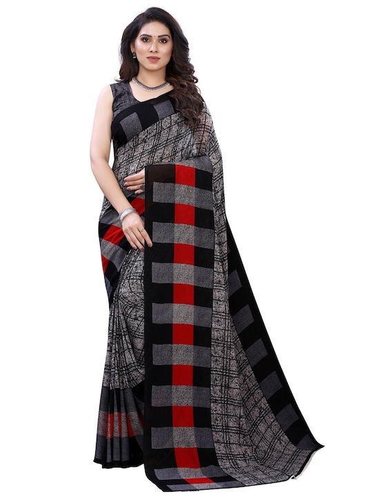 KALINI - Grey & Black Checked Pure Georgette Saree
