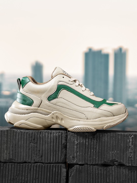Roadster - Men Beige & Green Colourblocked Sneakers