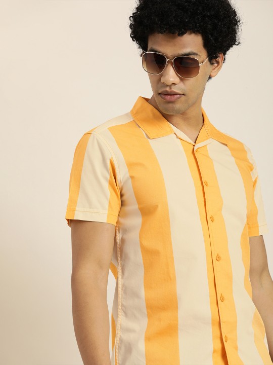 Moda Rapido - Men Yellow & Off White Slim Fit Opaque Striped Sustainable Casual Shirt