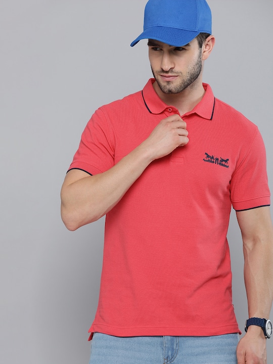 Levis - Men Pink & Grey Embroidered Polo Collar T-shirt