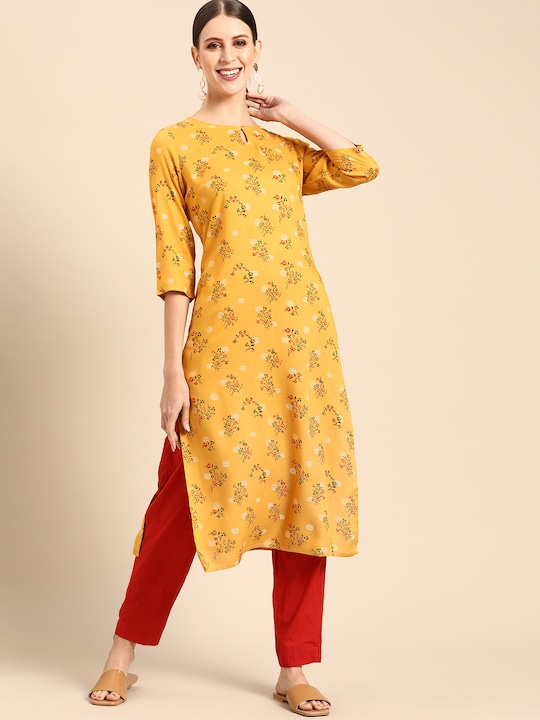 Anouk - Women Yellow & Green Ethnic Motifs Printed Keyhole Neck Kurta