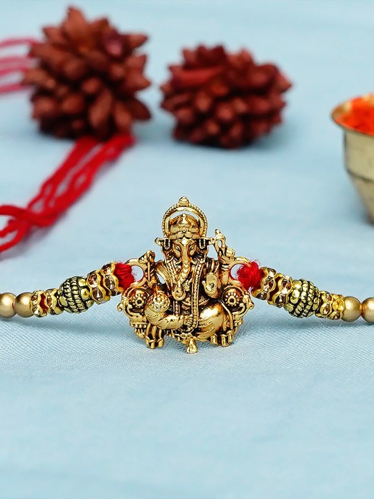 eCraftIndia - Gold-Toned & Red Designer Ganesha Rakhi