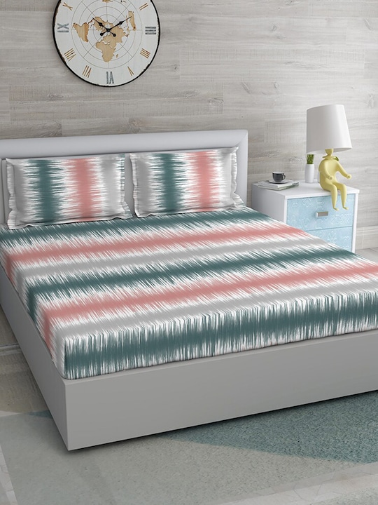 Duroflex - Pink & Sea Green 120 TC King Bedsheet with 2 Pillow Covers