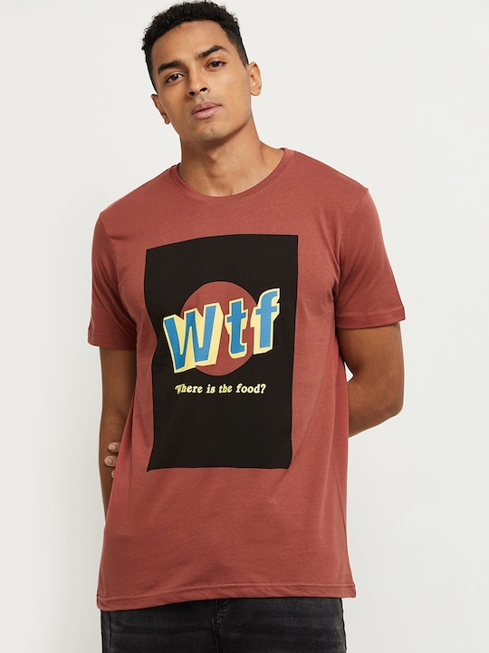 max - Men Red  Black Typography Printed Pure Cotton T-shirt