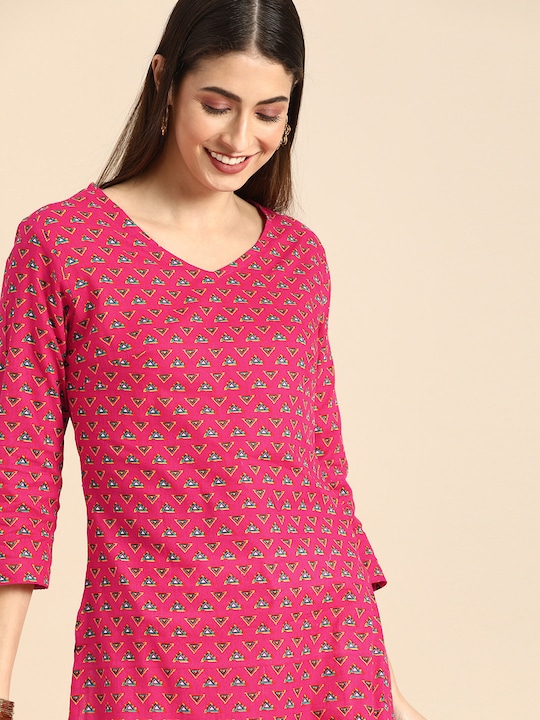 Anouk - Women Pink & Blue Geometric Printed Kurta