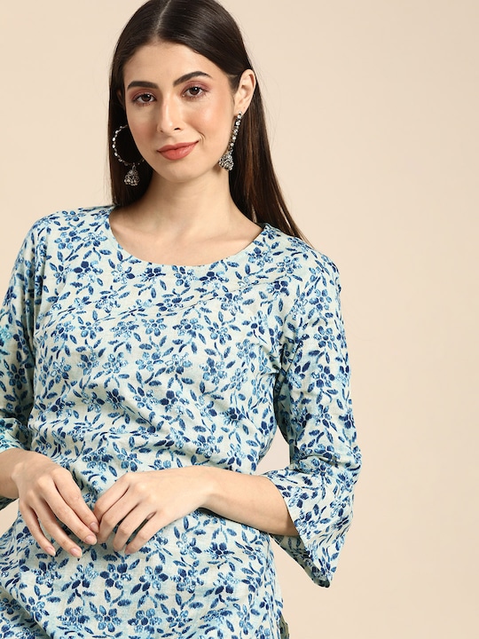 Anouk - Women Off White & Blue Floral Printed Kurta