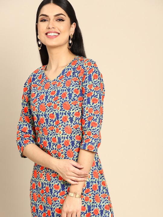 Anouk - Women Green & Navy Blue Pure Cotton Ethnic Motifs Printed Kurta