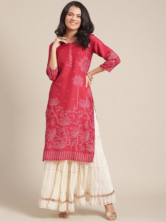 Varanga - Women Red Bandhani Printed Kurta
