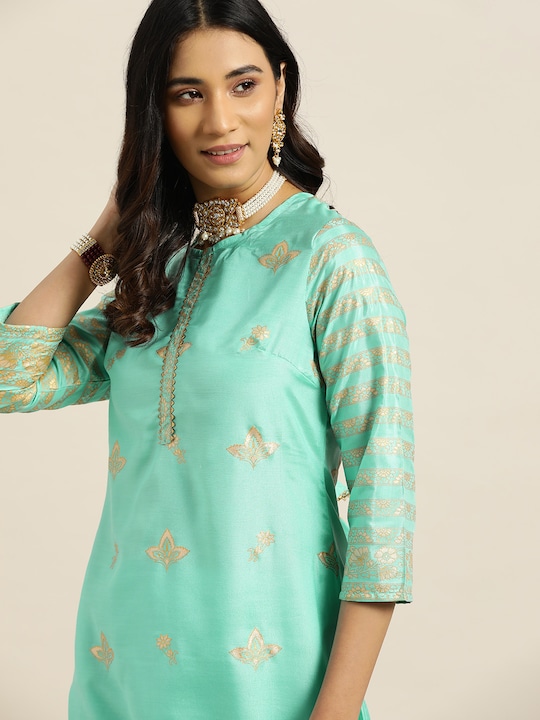 Sangria - Women Sea Green & Golden Printed Gotta Patti Kurta with Trousers