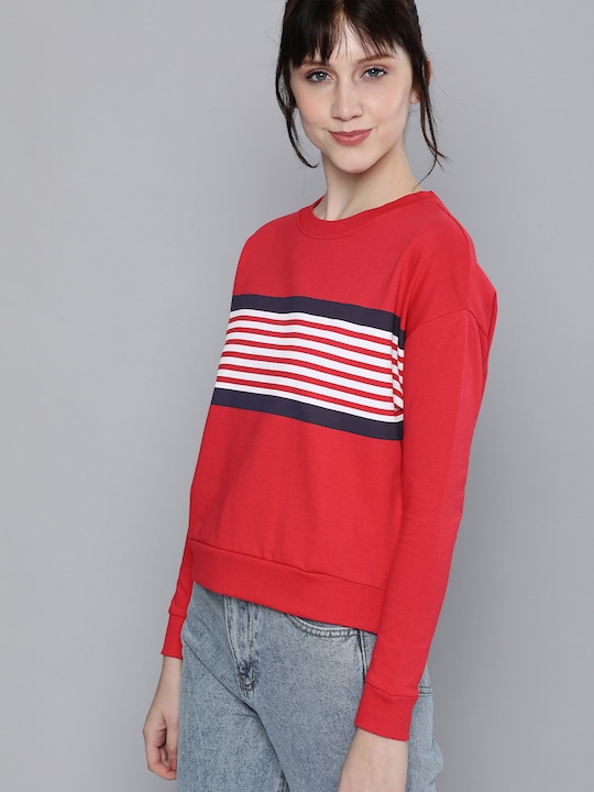 HERE&NOW - Women Red Printed Full Sleeved  Sweatshirt