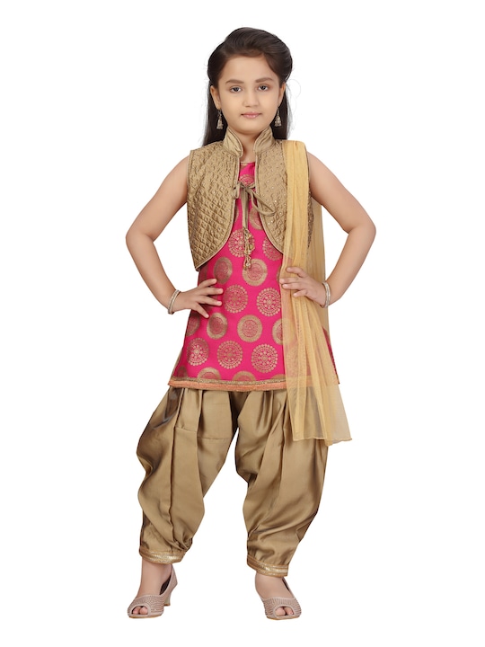Aarika - Girls Pink & Golden Woven Design Kurti with Salwar - Dupatta & Ethnic Jacket