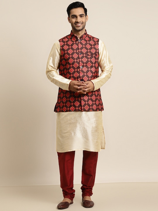 SOJANYA - Men Black & Red Ethnic Motifs Printed Pure Cotton Nehru Jacket