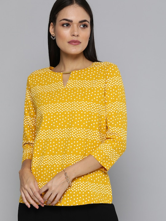 Chemistry - Women Mustard Yellow & White Printed Pure Cotton T-shirt with Trim Detail