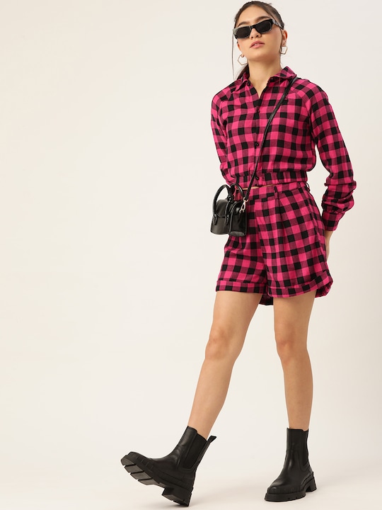 DressBerry - Women Pink & Black Pure Cotton Checked Regular Shorts