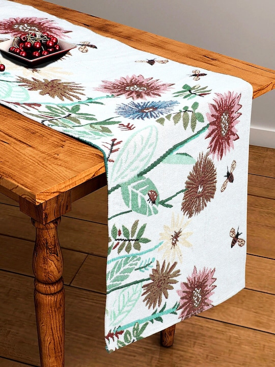 BELLA TRUE - White & Green Flower Printed Cotton Table Runner