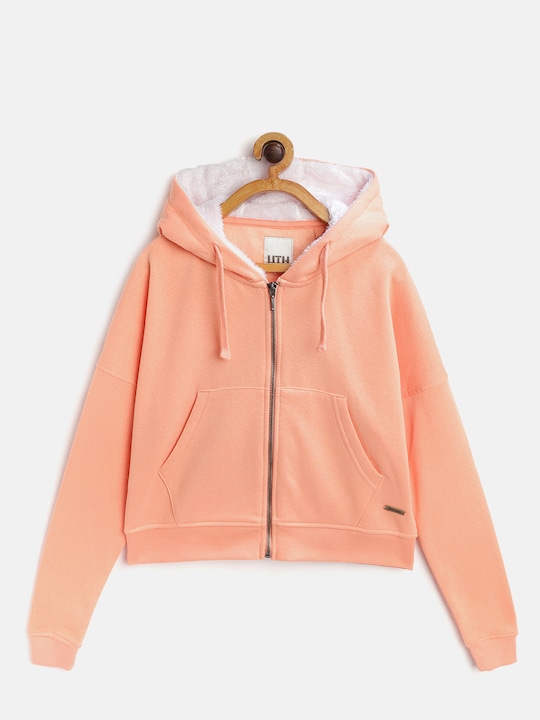 UTH by Roadster - Girls Peach-Coloured Solid Hooded Sweatshirt