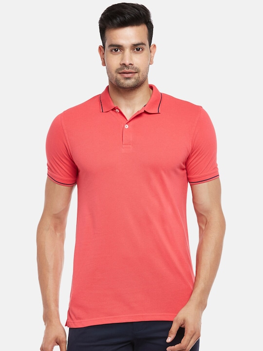 BYFORD by Pantaloons - Men Coral Red Cotton Polo Collar Pure Cotton T-shirt