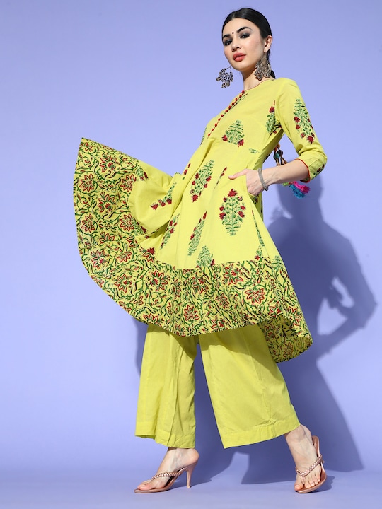 Sangria - Women Lime Green & Red Ethnic Printed Pure Cotton Anarkali Kurta Set with Dupatta