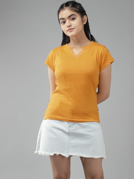 UTH by Roadster - Girls Mustard Yellow Solid Pure Cotton T-shirt