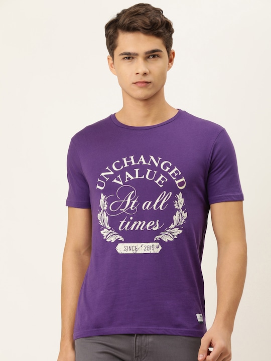 Peter England - Men Purple Typography Printed Pure Cotton Slim Fit T-shirt