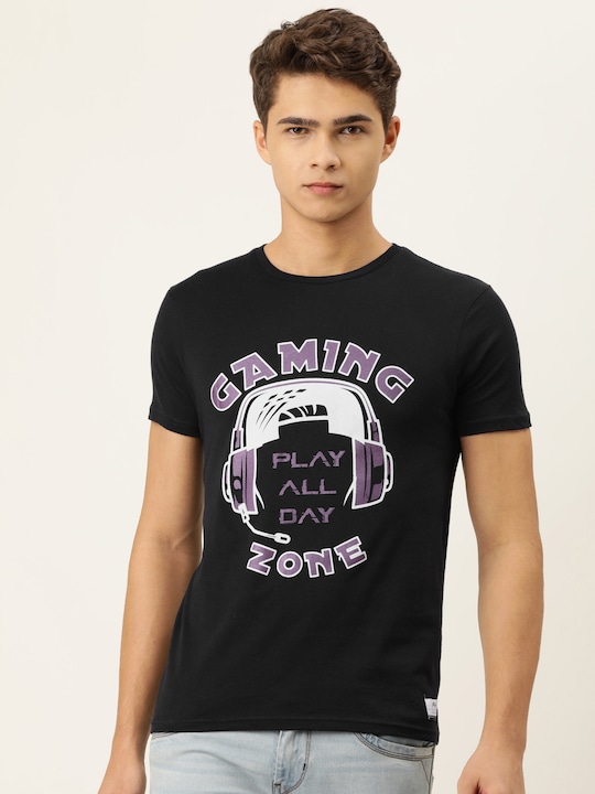 Peter England - Men Black Printed Pure Cotton Slim Fit T-shirt