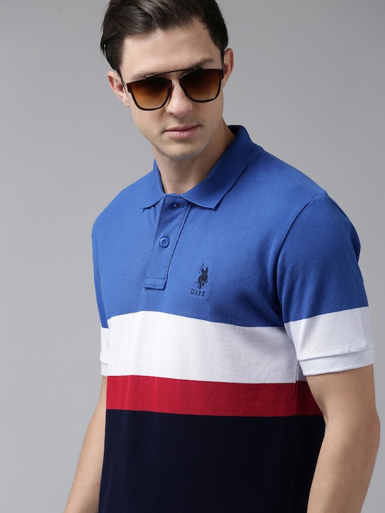 U.S. Polo Assn. - U S Polo Assn Men Blue & White Colourblocked Polo Collar Slim Fit T-shirt