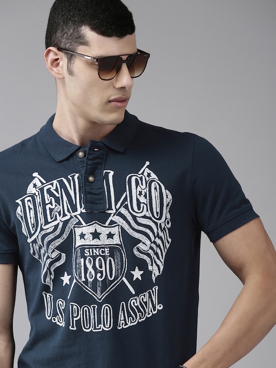 U.S. Polo Assn. Denim Co. - U S Polo Assn Denim Co Men Navy Blue & White Typography Polo Collar Casual T-shirt