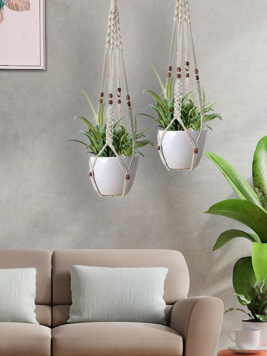 Homesake - Set Of 2 Beige Macrame Plant Hangers Without Pot