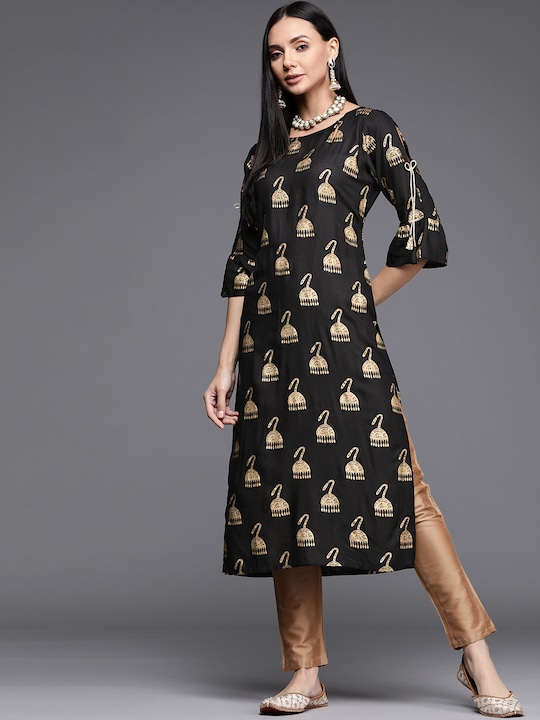 Libas - Women Black & Beige Quirky Printed Round Neck Quirky Kurta