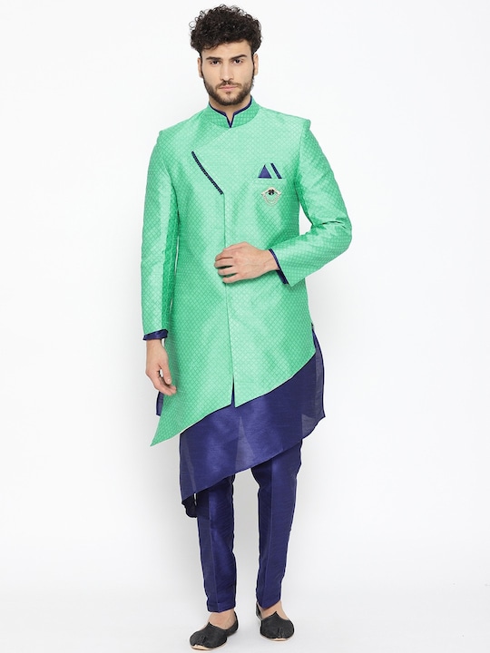 SG RAJASAHAB - Men Green & Blue Sherwani Set