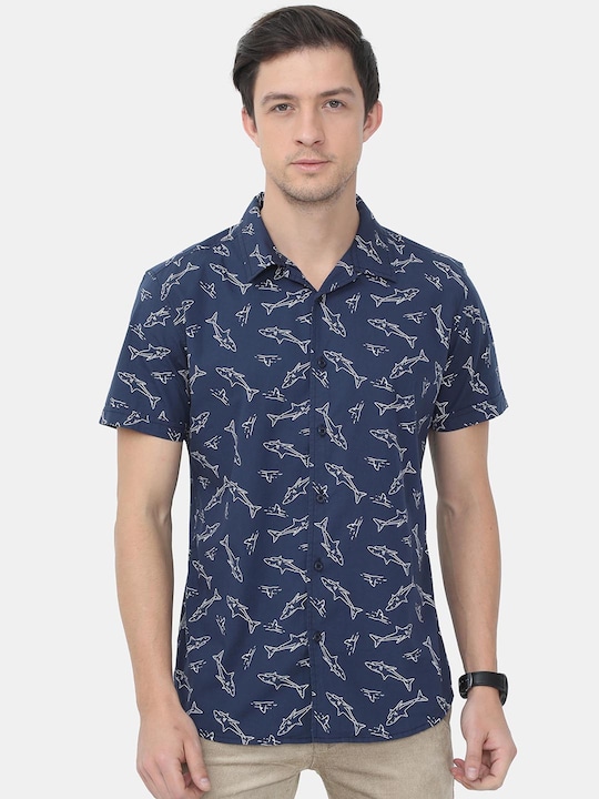 HERE&NOW - Men Navy Blue Slim Fit Opaque Printed Cotton Casual Shirt