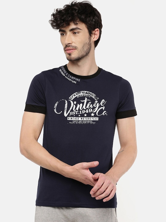 DIXCY SCOTT - Men Navy Blue Typography Printed Applique T-shirt