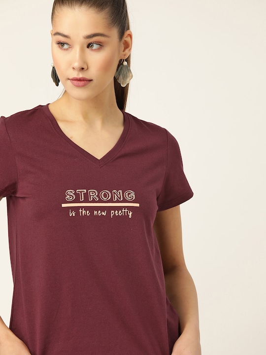 DressBerry - Women Maroon Typography Printed T-shirt