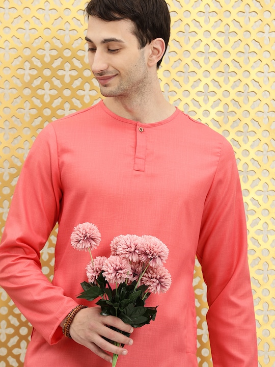 Ode by House of Pataudi - Men Pink Solid Rozana Kurta
