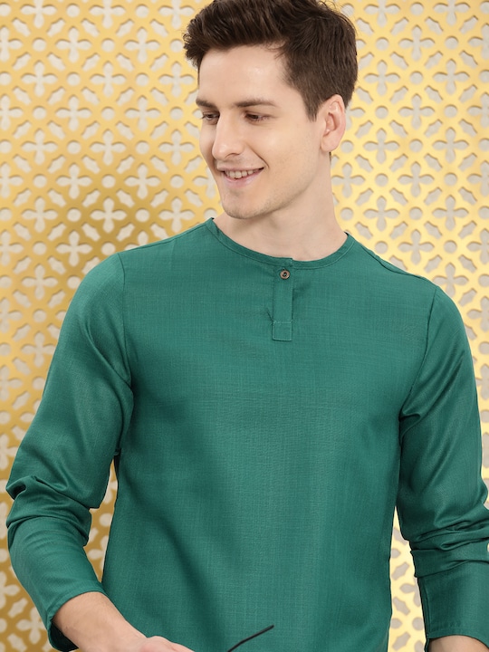 Ode by House of Pataudi - Men Teal Blue Solid Rozana Mandarian Collar Kurta