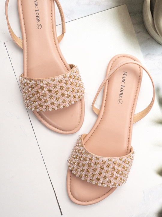 Marc Loire - Women Nude-Coloured Embellished Open Toe Flats