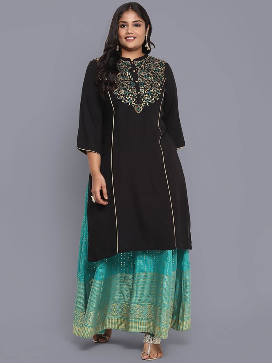 AURELIA - Women Black & Green Ethnic Motifs Embroidered Keyhole Neck Kurta