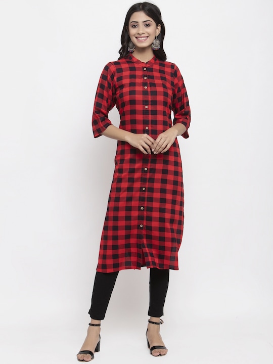 NEUDIS - Women Red Checked Thread Work Handloom Pathani Kurta