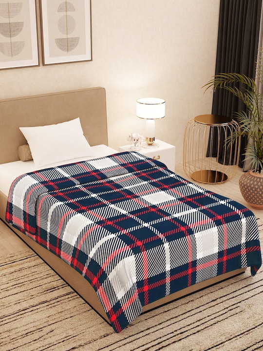 Story@home - Navy Blue & White Checked AC Room 300 GSM Single Bed Blanket