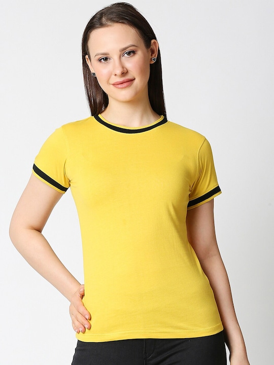 Bewakoof - Women Yellow & Black Solid Round Neck Cotton T-shirt