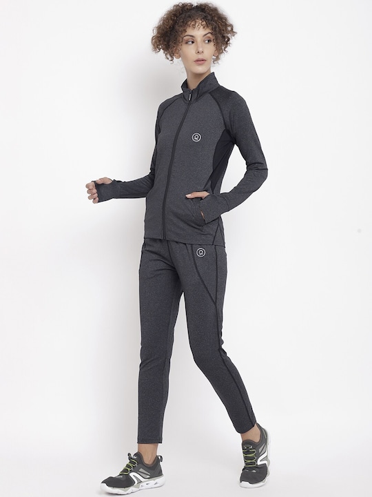CHKOKKO - Chkokko Women Grey Melange & Black Solid Sports Tracksuit