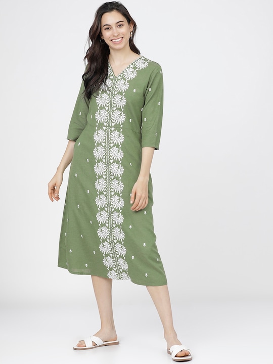 Vishudh - Green Ethnic Motifs Ethnic A-Line Midi Dress